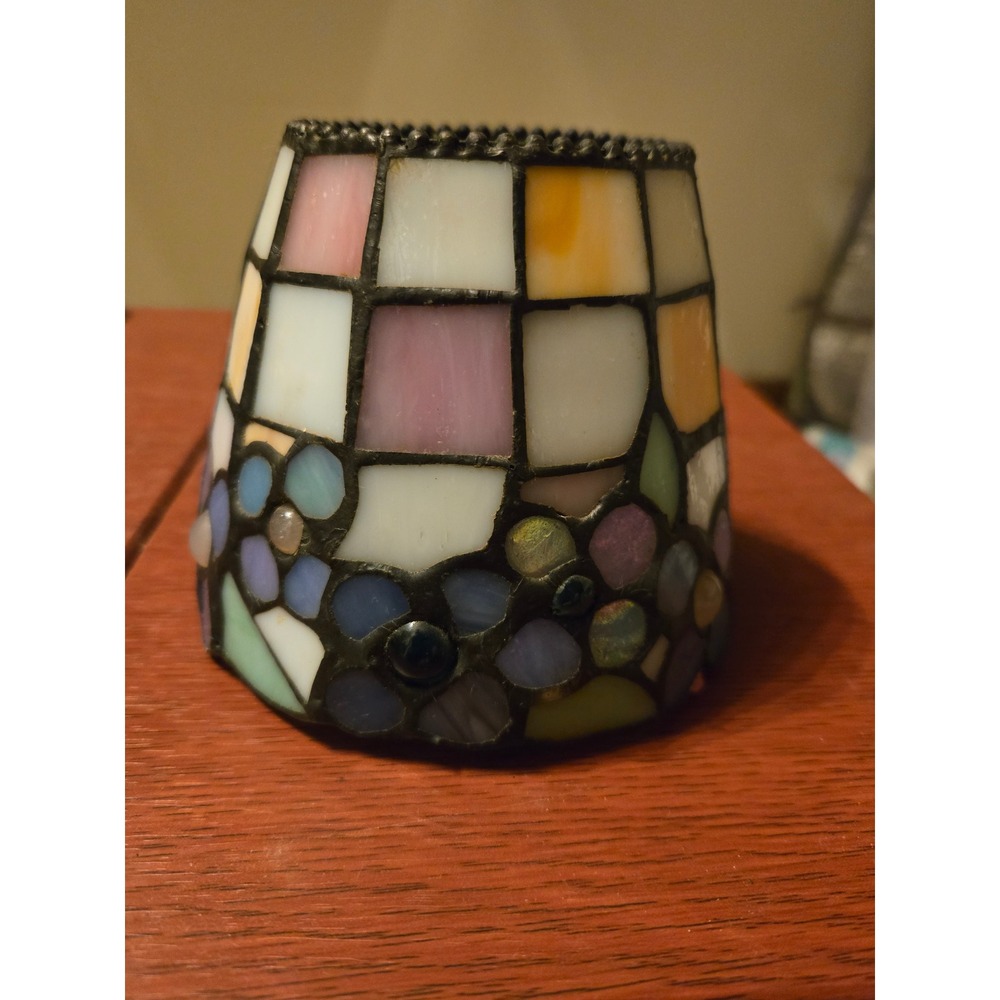 Vintage Stained Glass Lamp Shade Floral Pastel Mosaic Leaded Glass Small Shade - Picture 3 of 12